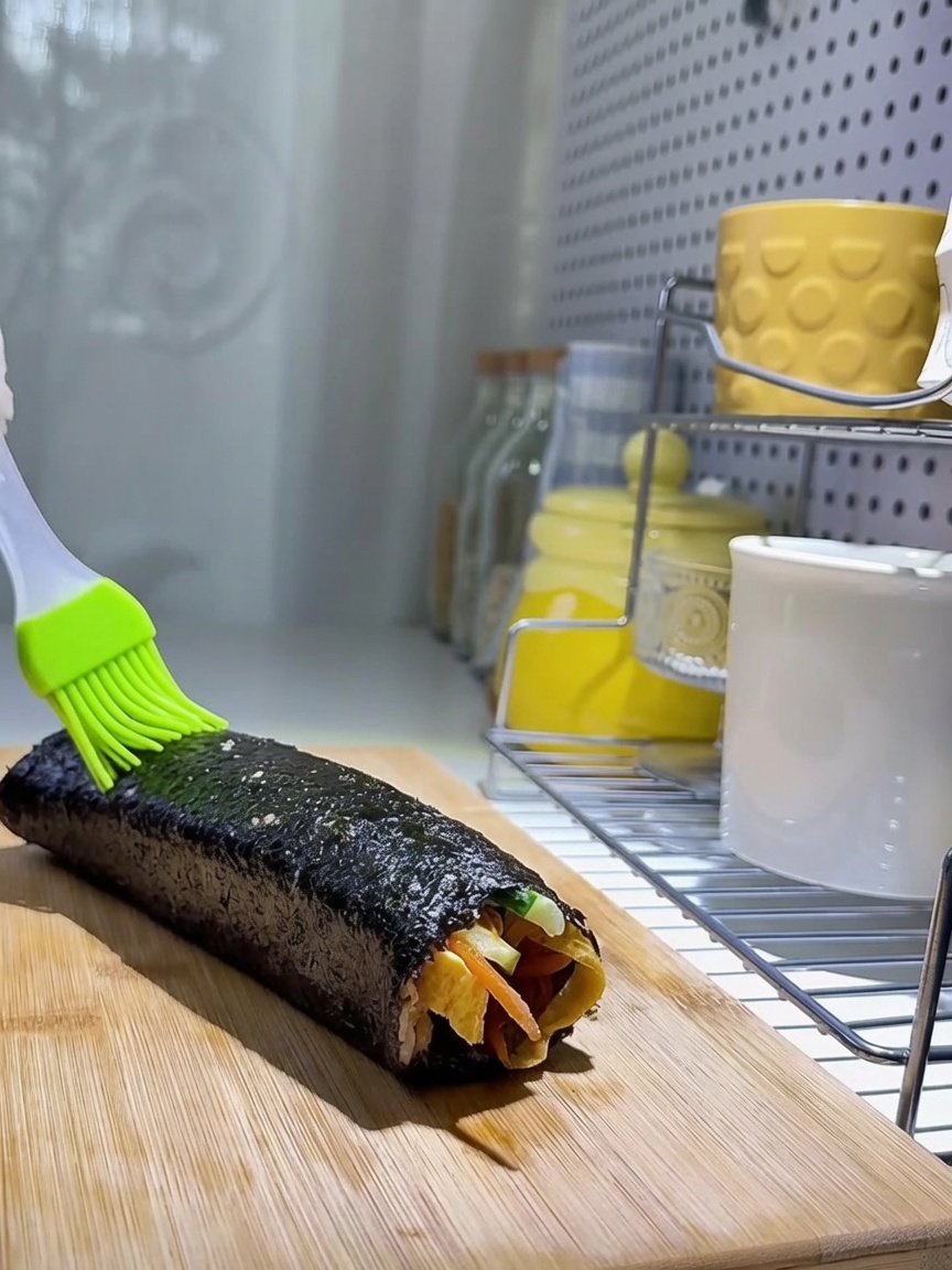 Close-up of a brush applying oil to the seaweed roll, followed by a sprinkle of sesame seeds.