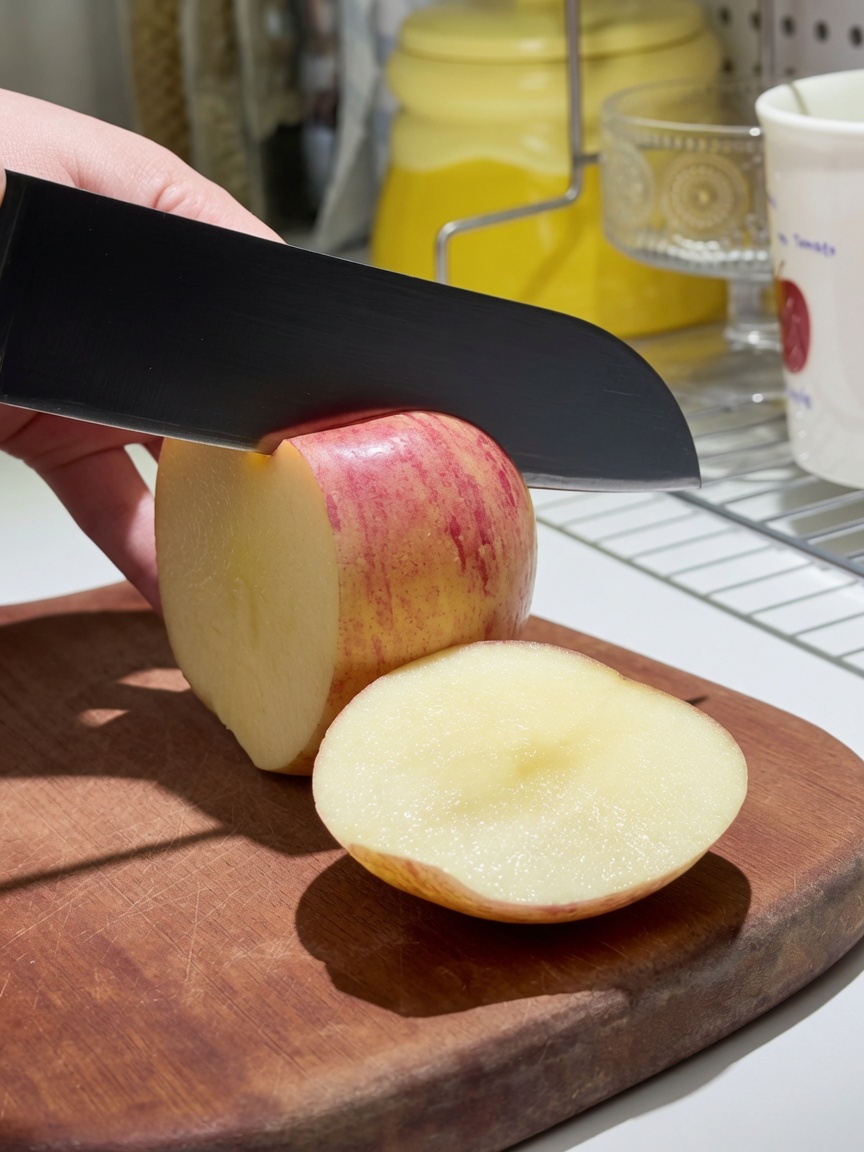 Fresh red apples being sliced into thick wedges on a wooden board.