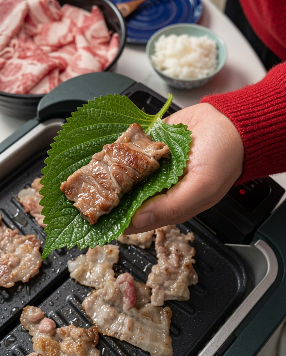 A piece of cooked pork belly being placed onto prepared leaves with chopsticks.