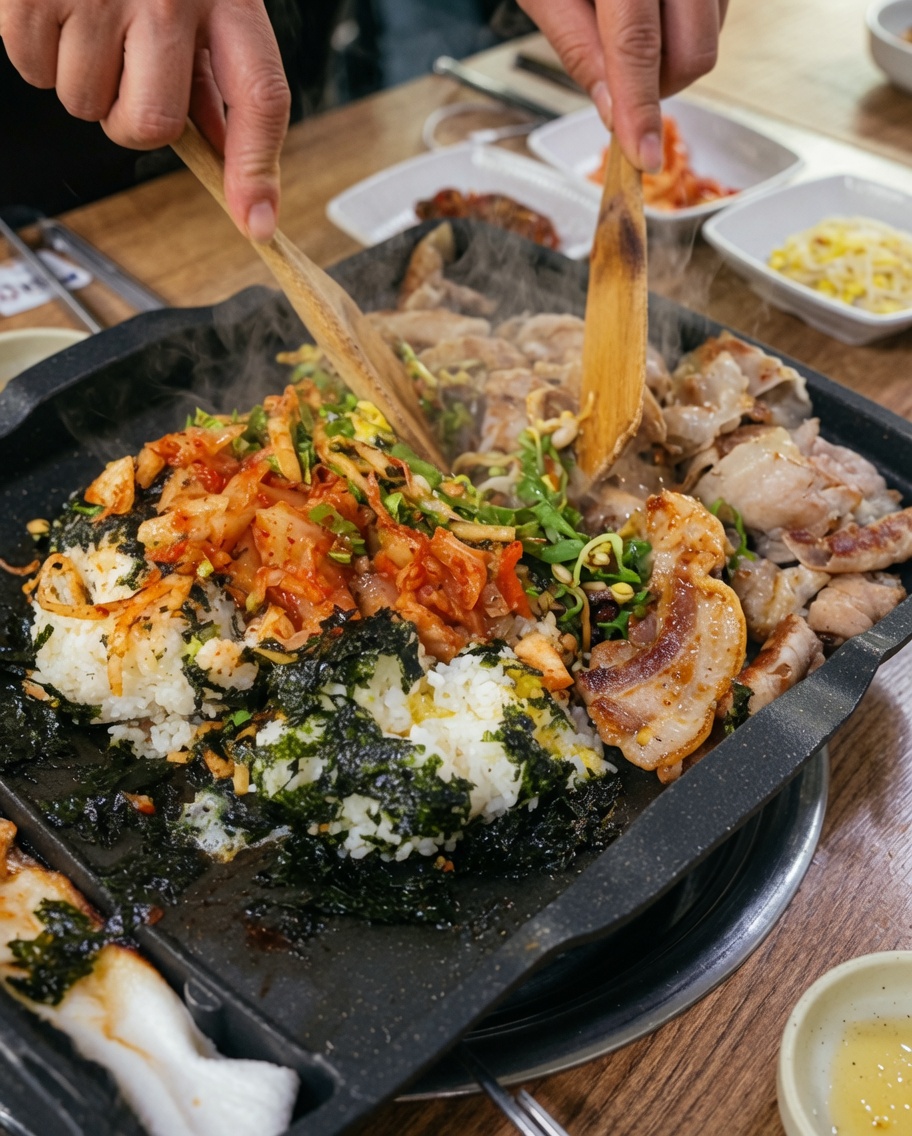 Wooden spatulas mixing rice, vegetables, and pork on a hot griddle.