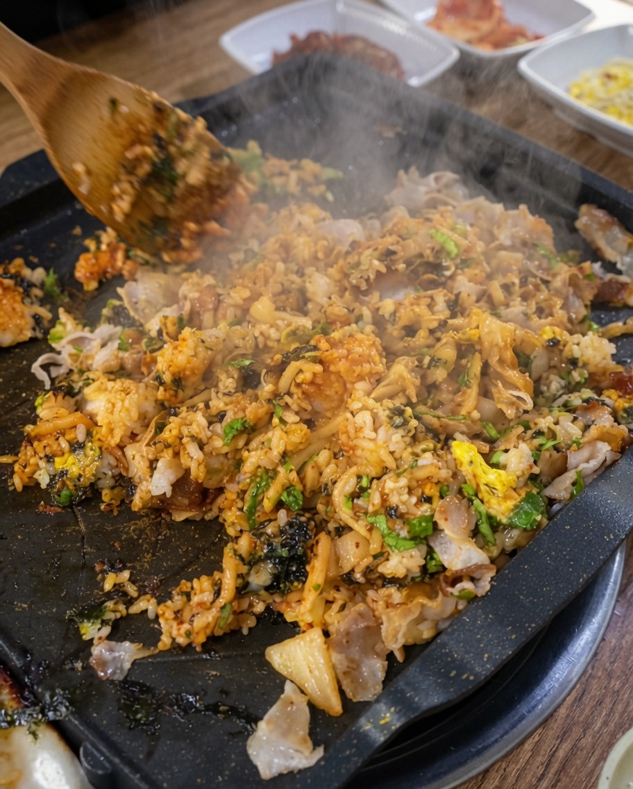 A thin layer of fried rice with pork and vegetables spread flat across a black grill surface, beginning to crisp up.