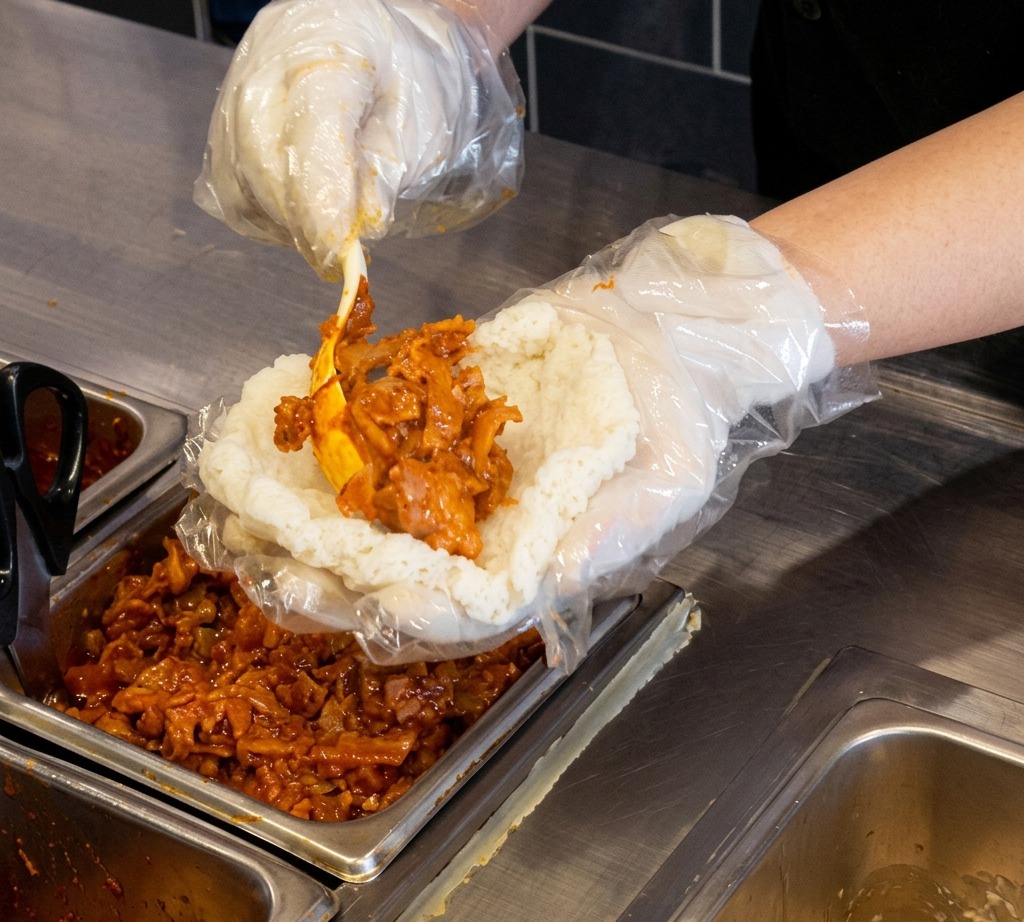 The chef placing a large scoop of vibrant red spicy kimchi and pork belly filling onto a flat rice patty.