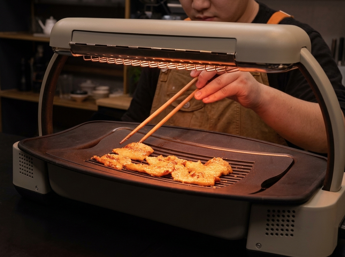 Hand using chopsticks to flip pork belly slices on the grill for even browning.