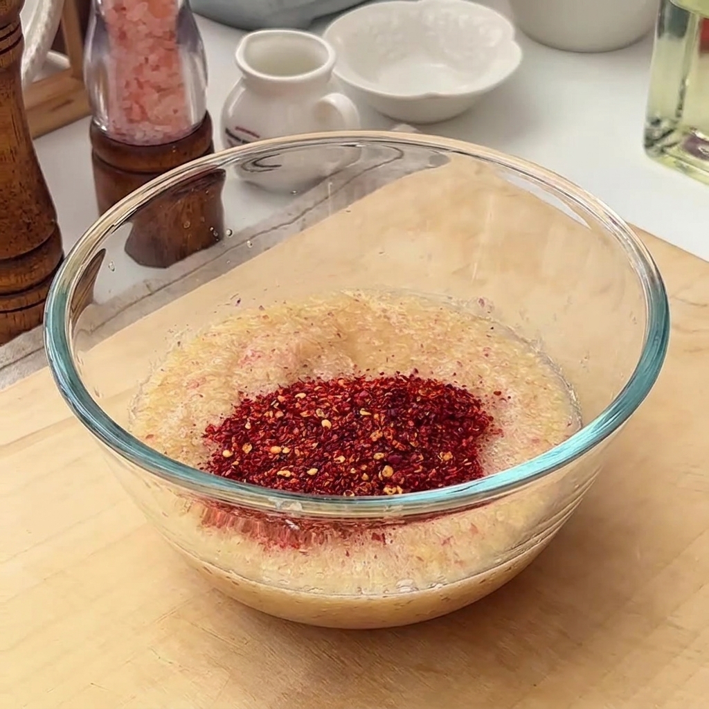 A glass bowl filled with the fruit paste and various seasonings like chili flakes, sugar, and gochujang.