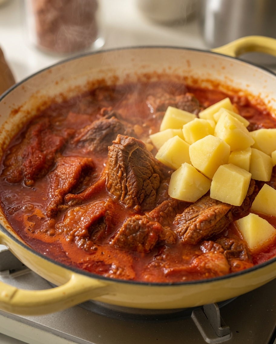 Peeled potato chunks being dropped into a pot of simmering, deep-red spicy pork rib stew.