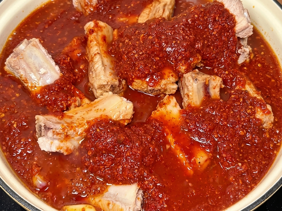 Pork ribs submerged in a deep red, thick Korean-style spicy sauce in a cooking pot.