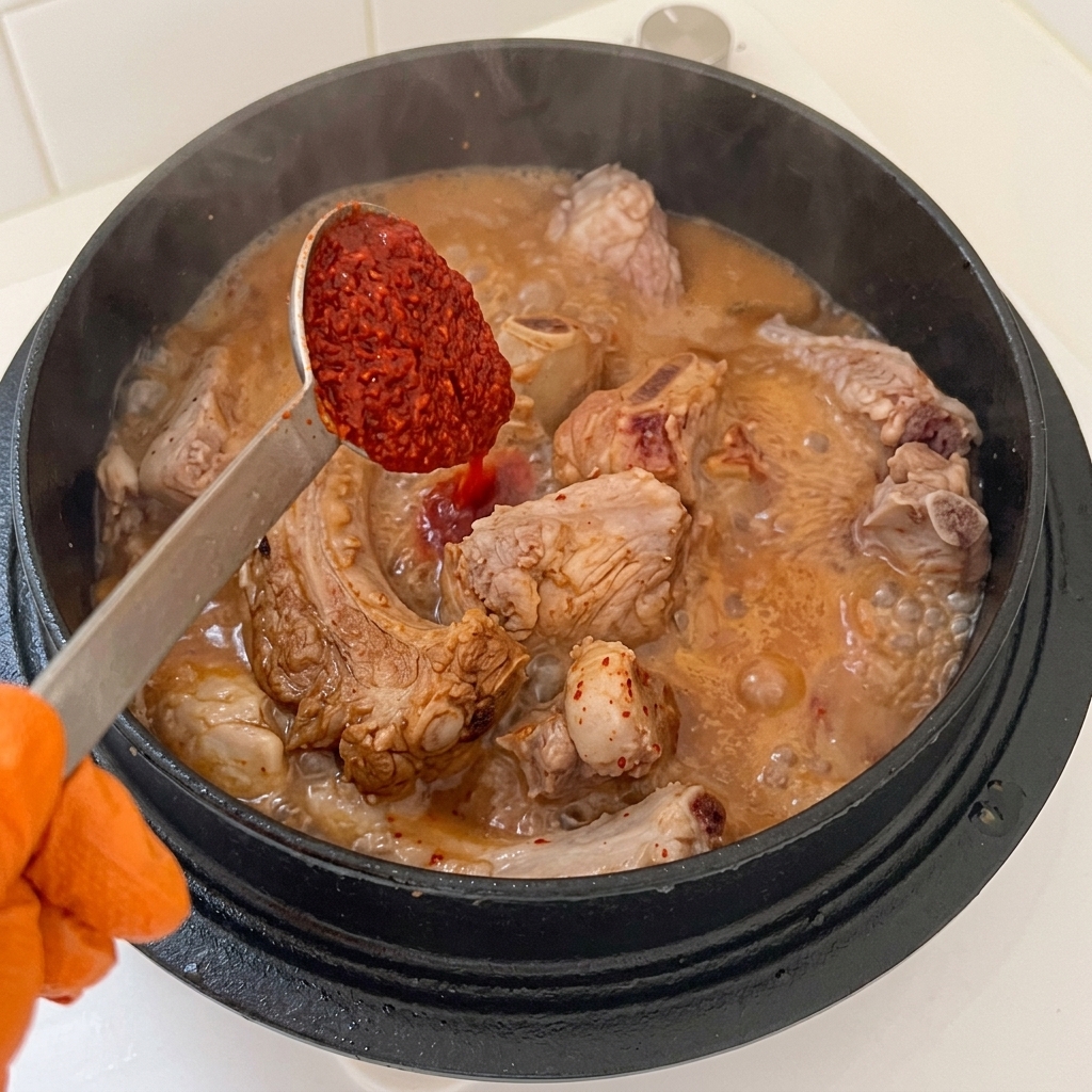 Spoon adding red chili powder and minced garlic to a pot containing pork ribs and liquid seasoning.