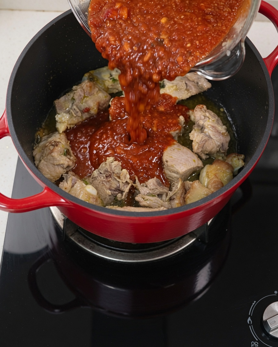 The prepared sauce mixture being poured over the browned pork ribs in the pot.