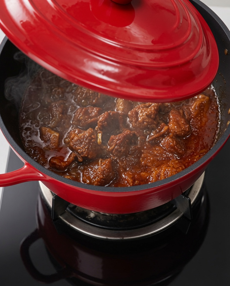 Fresh potato chunks being added to the pot of braising ribs and sauce.