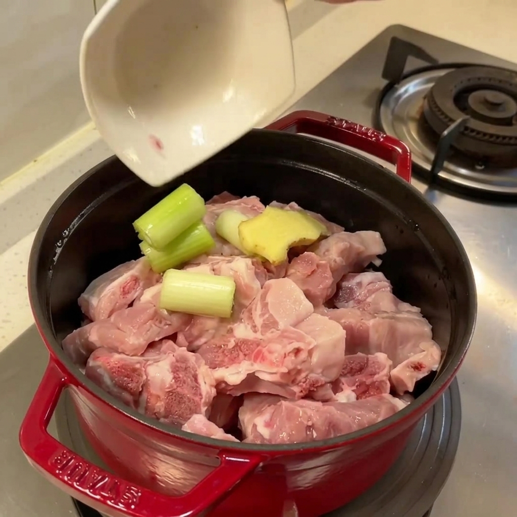 Pot filled with raw pork ribs, ginger, and green onion ready to be boiled.
