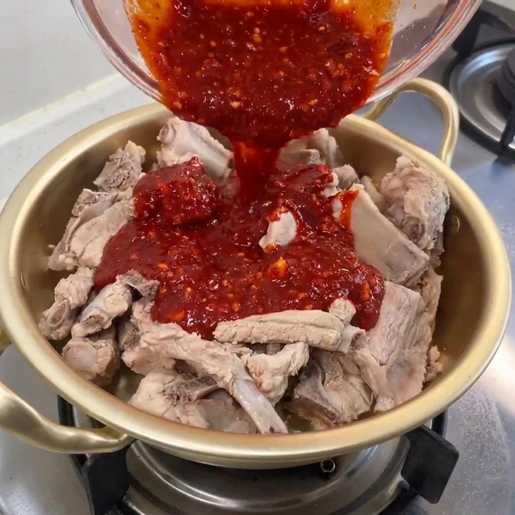 Spicy red sauce being poured over boiled pork ribs in a metal pot.
