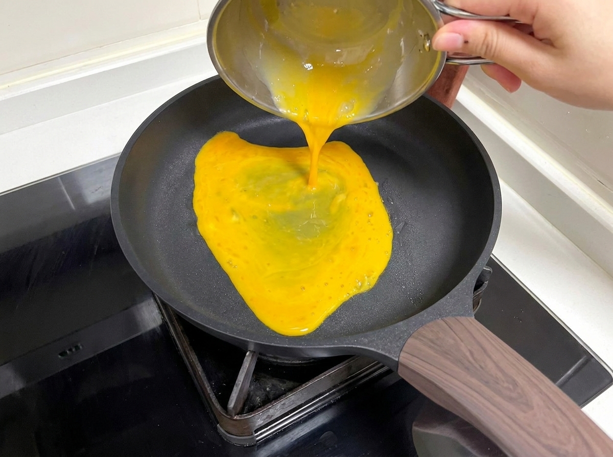 Whisked egg mixture being poured into a frying pan to create a thin egg crepe.