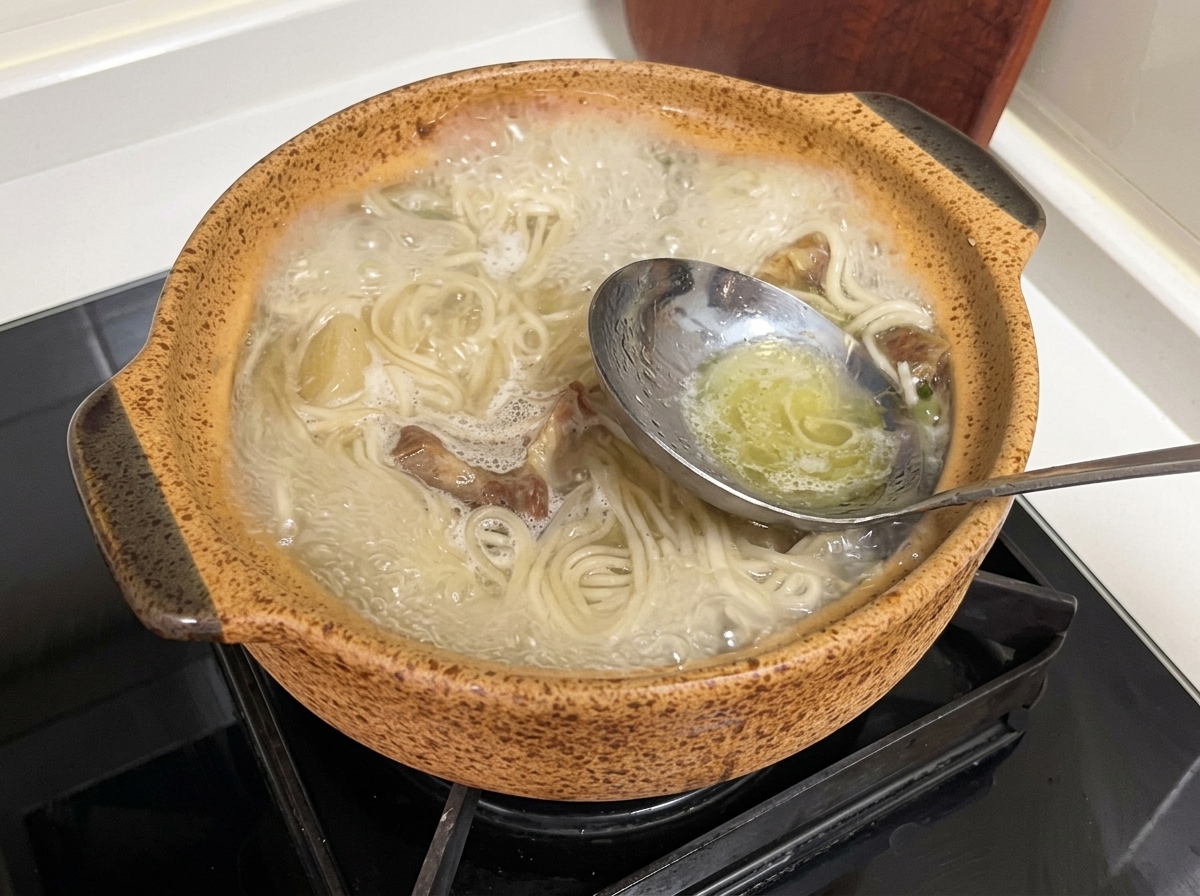 A metal ladle being used to skim a layer of excess fat off the bubbling surface of the beef soup in a ceramic pot.