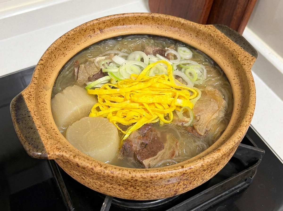 The finished bowl of beef bone soup being seasoned with a light sprinkle of salt and black pepper.