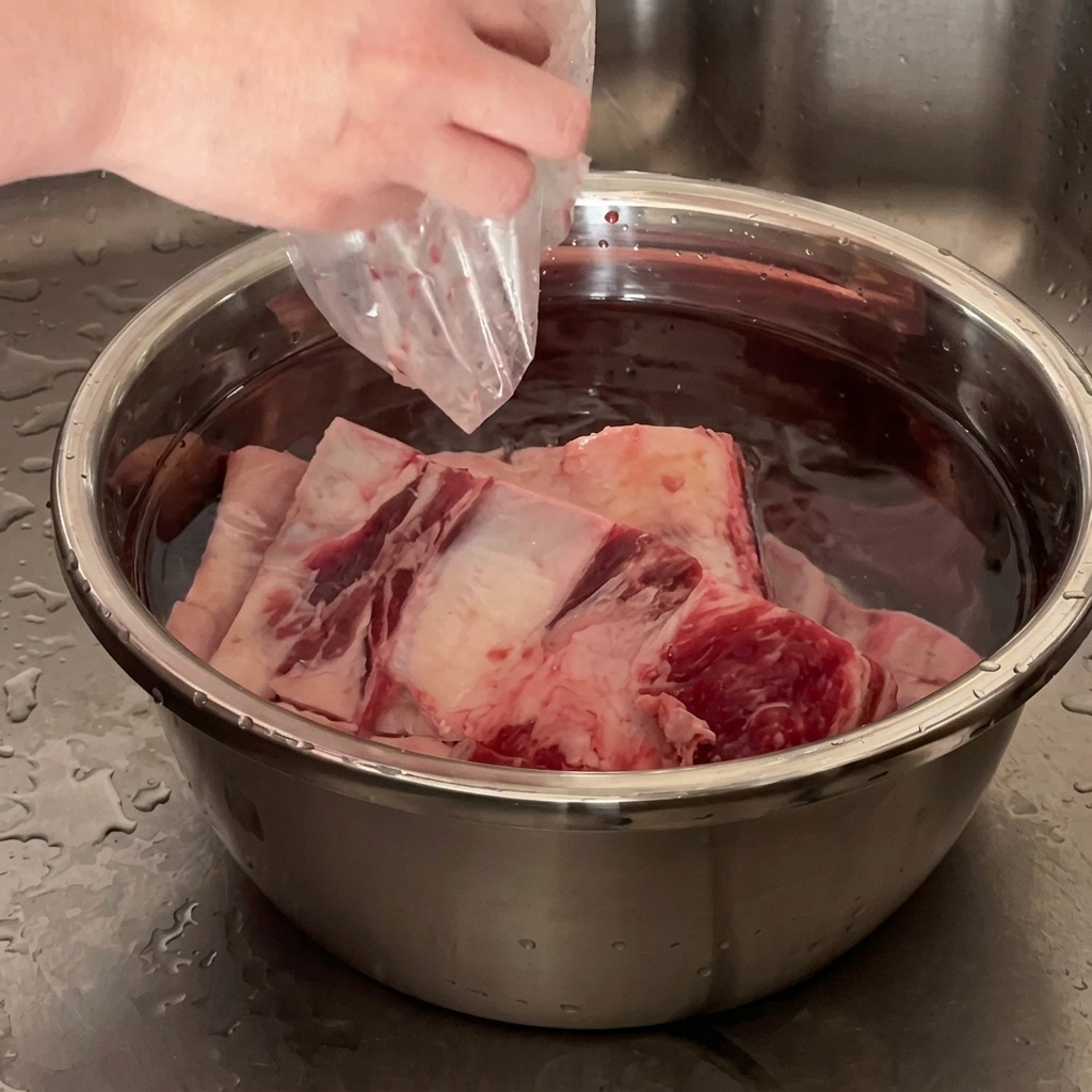 Raw beef short ribs soaking in a bowl of water in the kitchen sink.