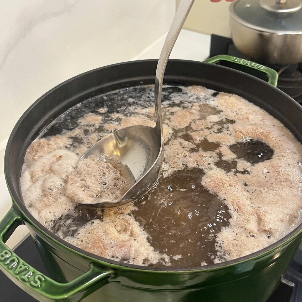 A metal ladle skimming off white foam from the surface of boiling beef broth in a large green pot.