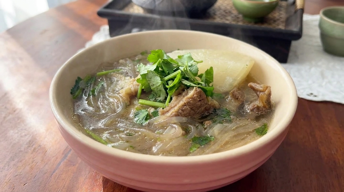 A steaming bowl of Galbitang, featuring tender beef ribs, soft radish, and vermicelli in a clear, nourishing broth.