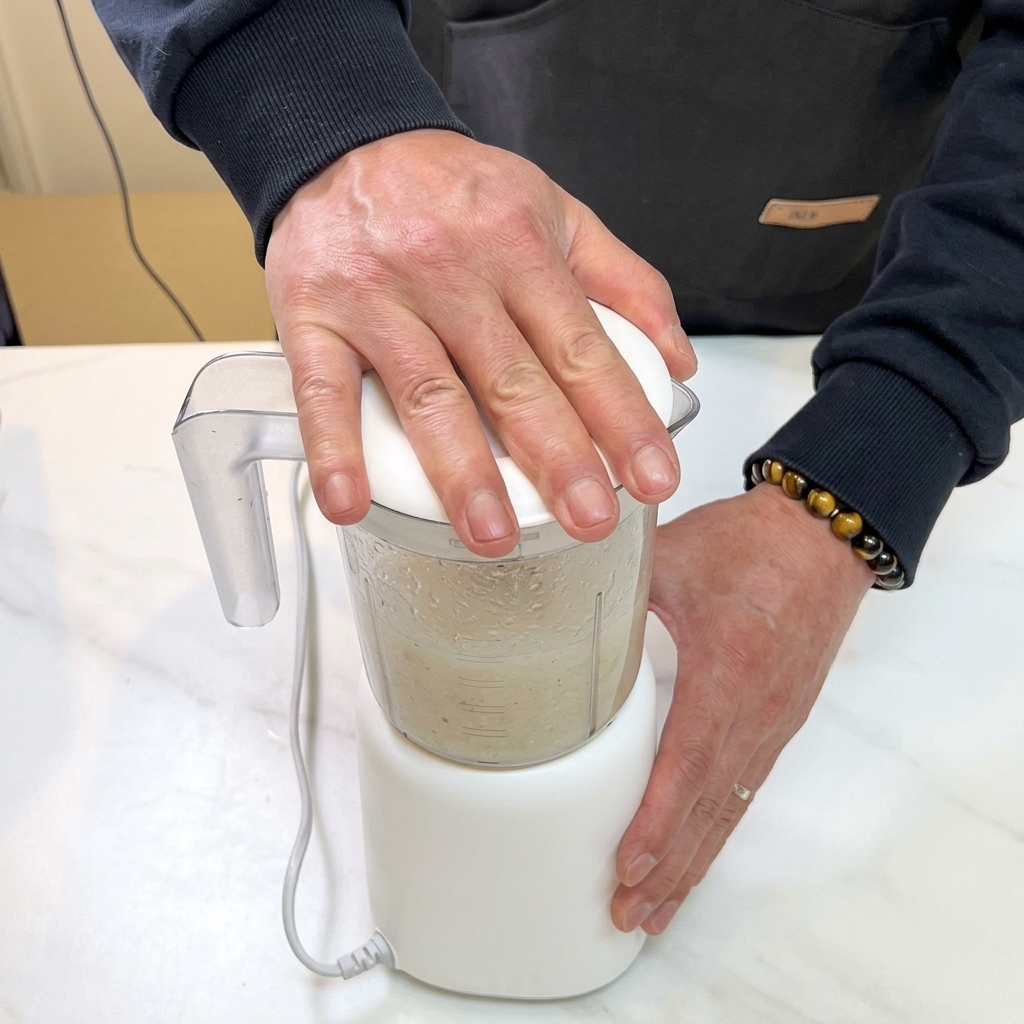 An electric blender processing chopped pear and water into juice.