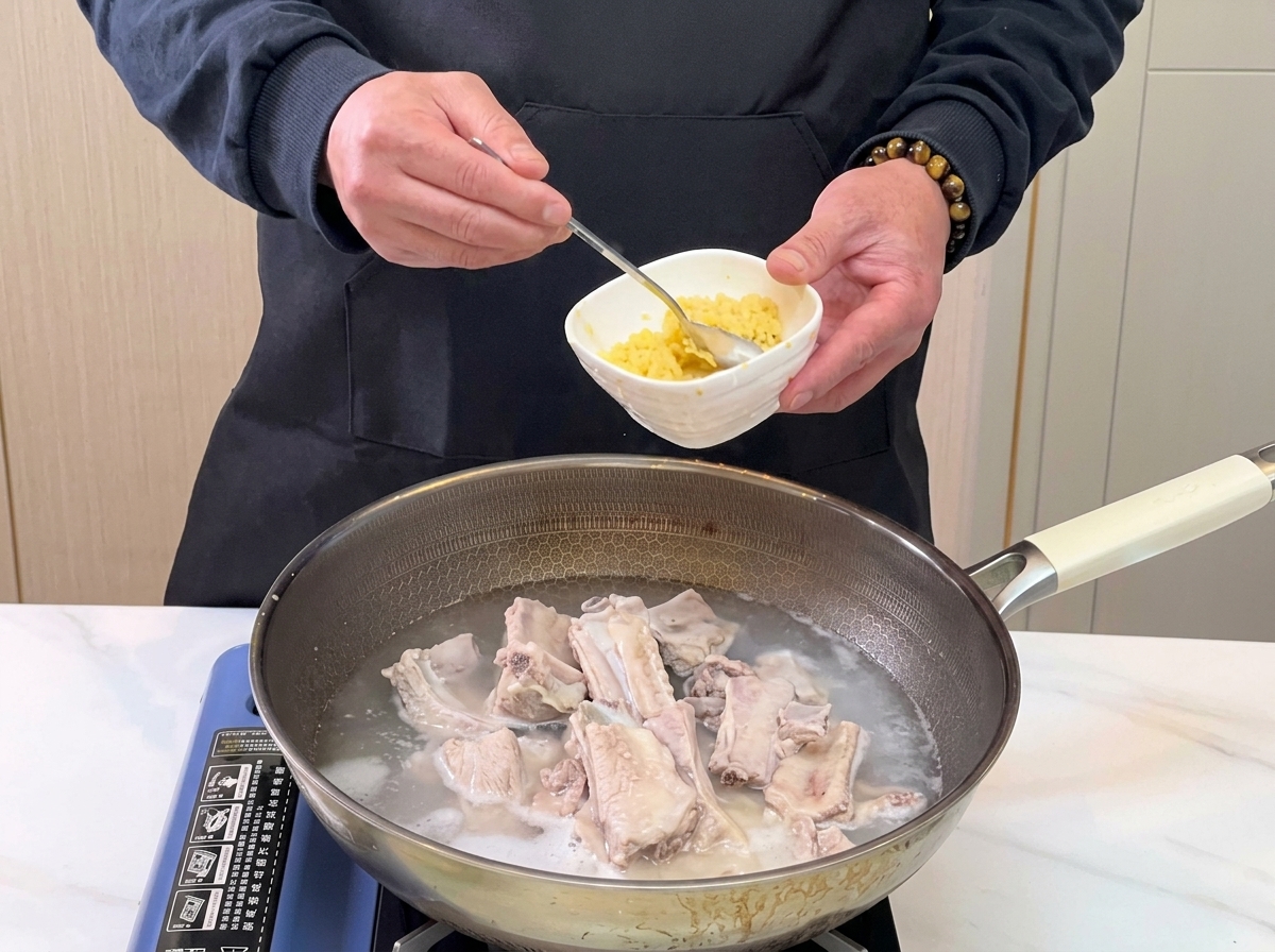 A spoon adding minced garlic from a small bowl into a pot of water and pork ribs.