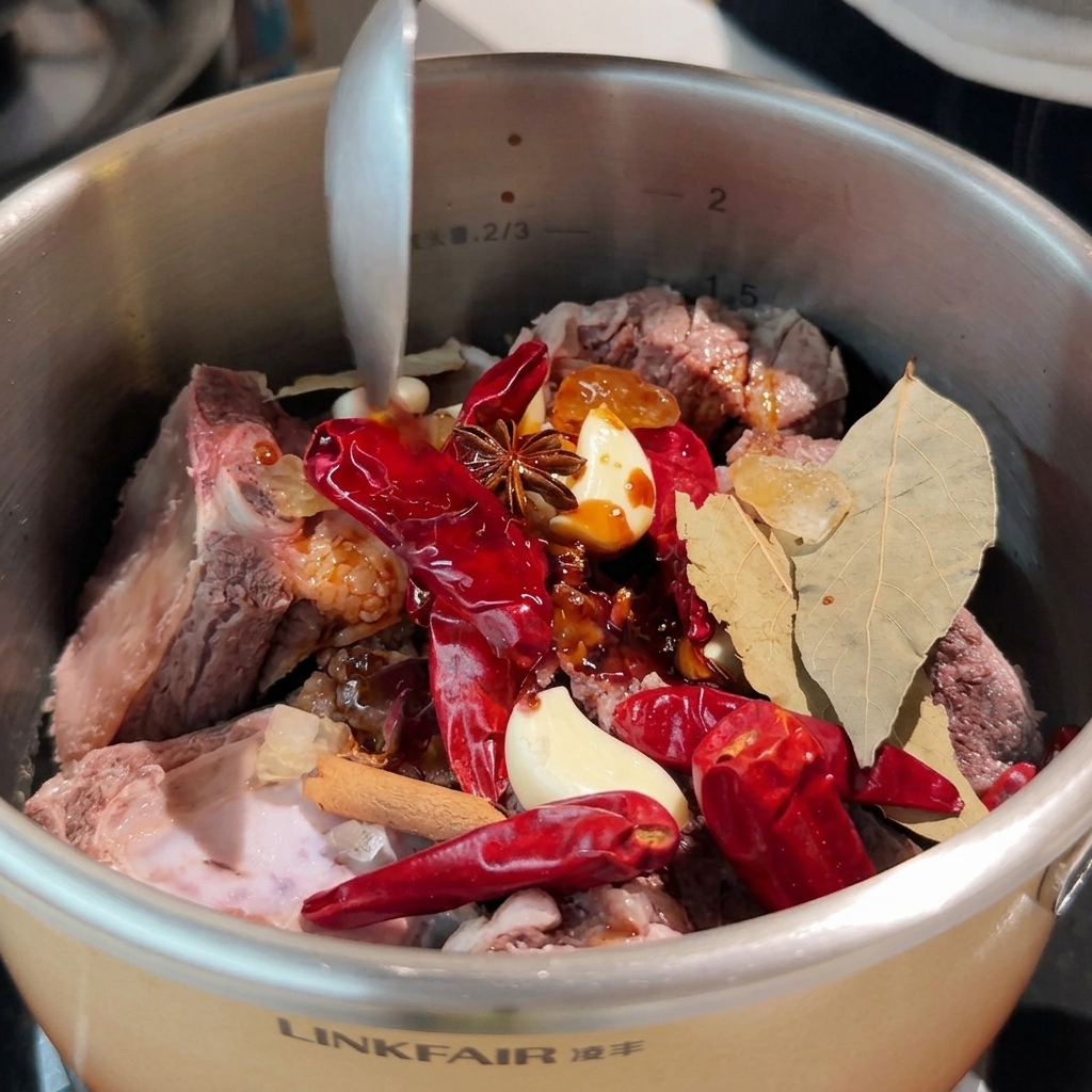 A variety of sauces being added to the beef ribs and spice mixture in the pot.