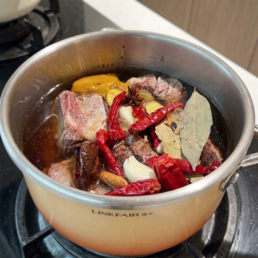 Boiling water being poured over the seasoned beef ribs until they are fully submerged.