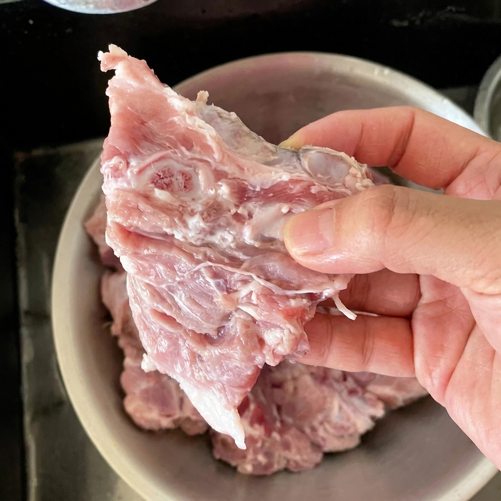 Raw pork spine pieces soaking in a bowl of clear water.