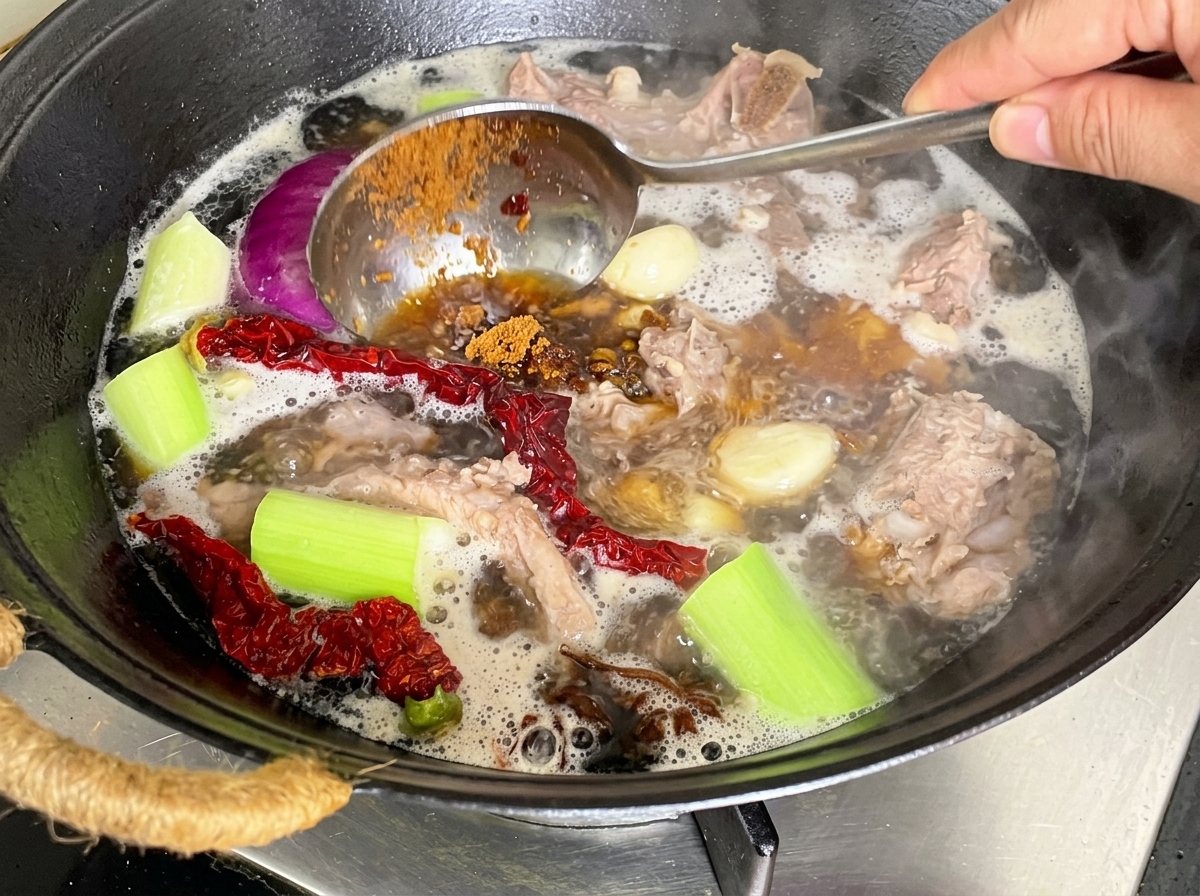 Fermented soybean paste being added to the simmering pork pot.