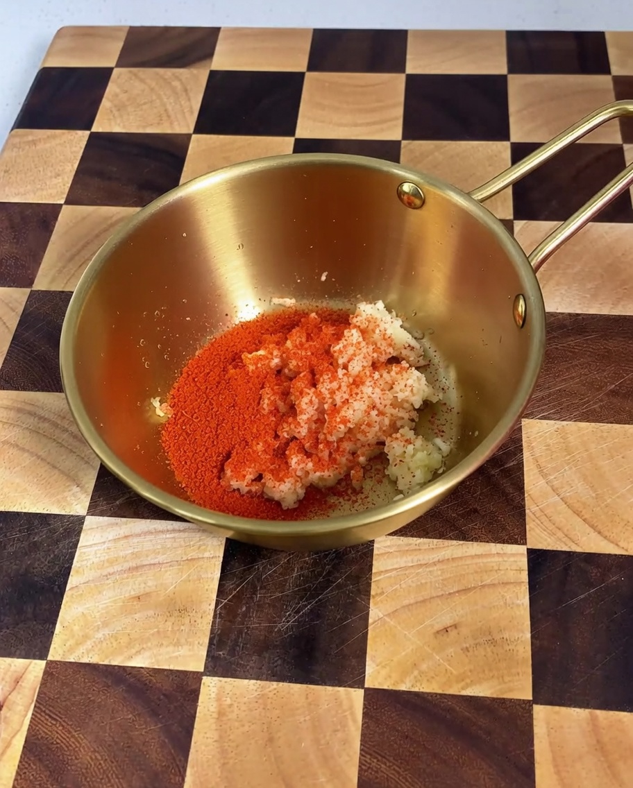 A close-up of minced garlic and chili powder being mixed with other sauce ingredients inside a golden bowl.