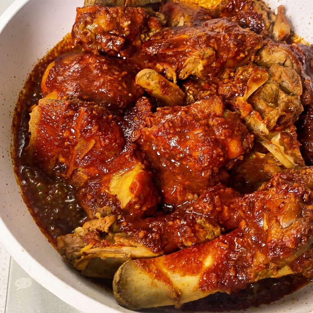 Thick red chili sauce being spooned over arranged pieces of cooked pork spine in a white dish.