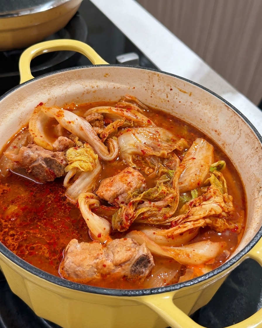 Potato chunks and marinated cabbage simmering in a savory red broth inside a yellow pot.