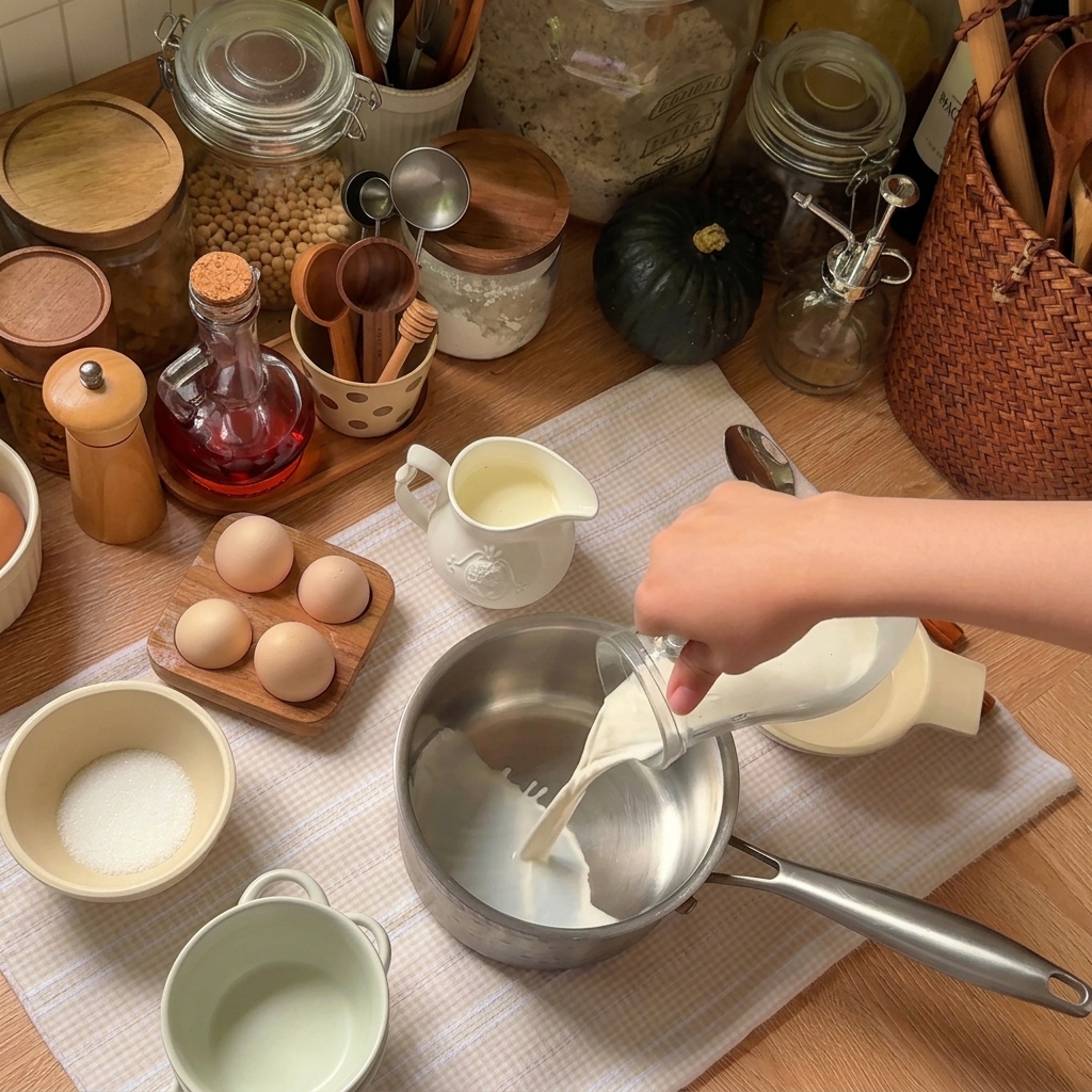 Milk and heavy cream being poured from a glass measuring cup into a stainless steel saucepan.