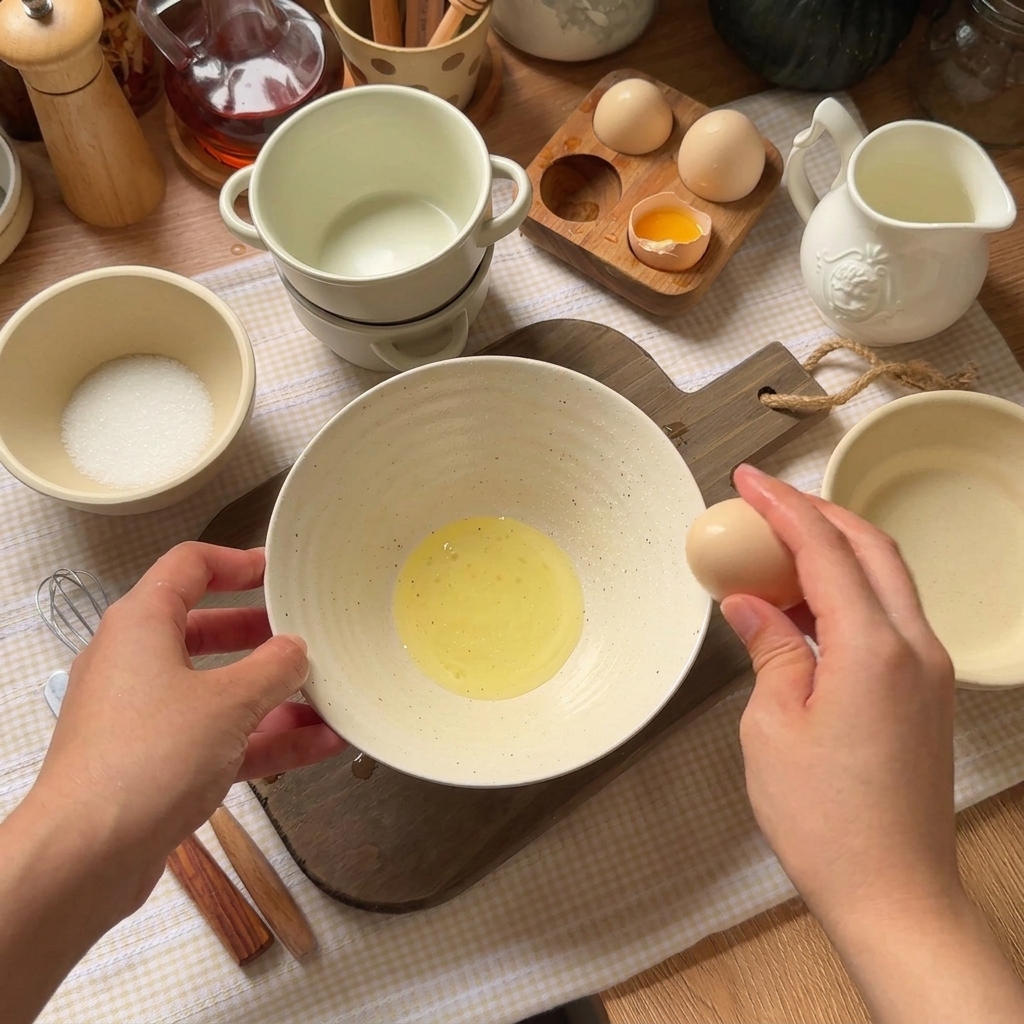 An egg yolk being separated into a white ceramic bowl on a wooden cutting board.