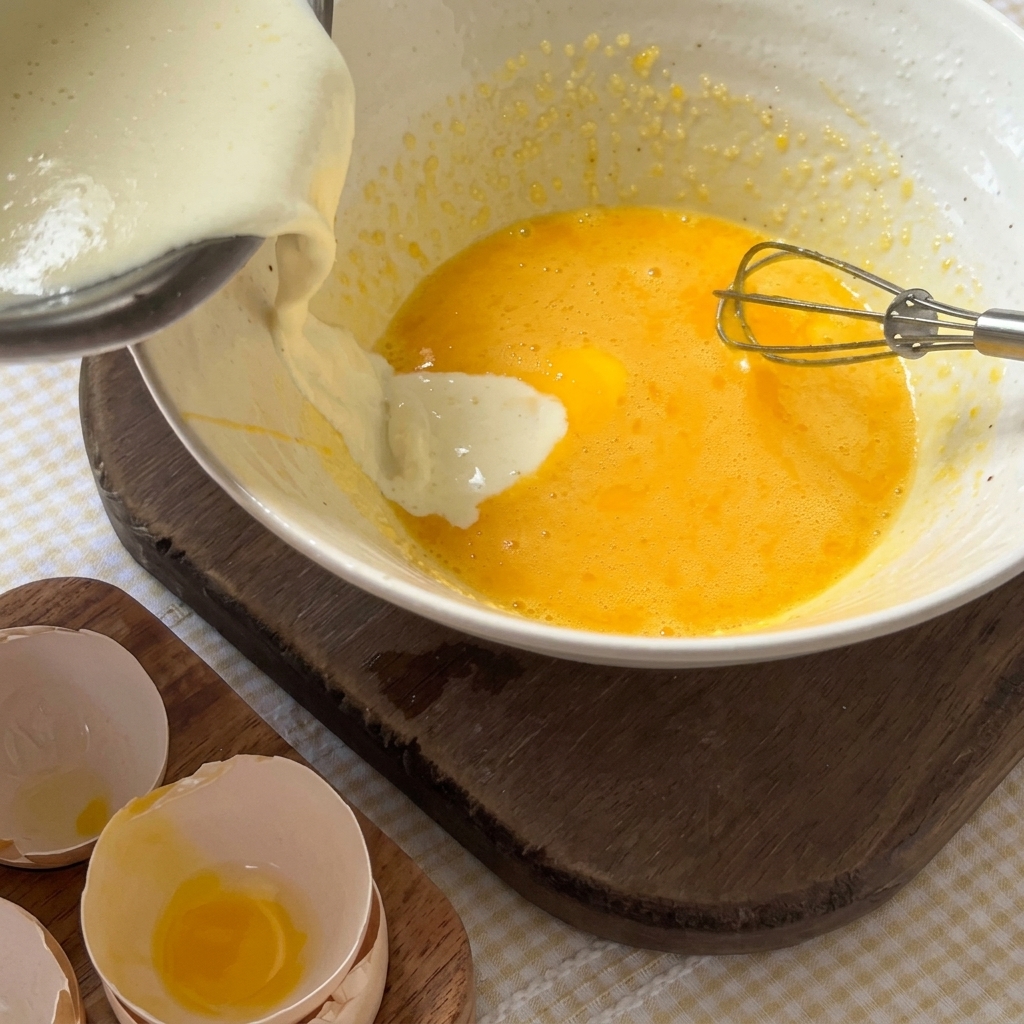 Heated milk being poured from a saucepan into a bowl of whisked egg yolks.
