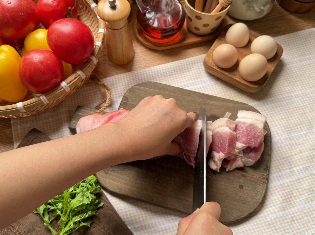 Raw pork belly being sliced with a knife on a wooden cutting board surrounded by fresh vegetables.