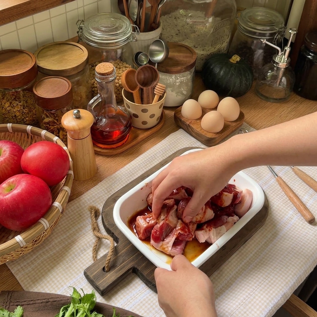 Pork belly slices being mixed with red marinade sauce inside a white rectangular baking dish.