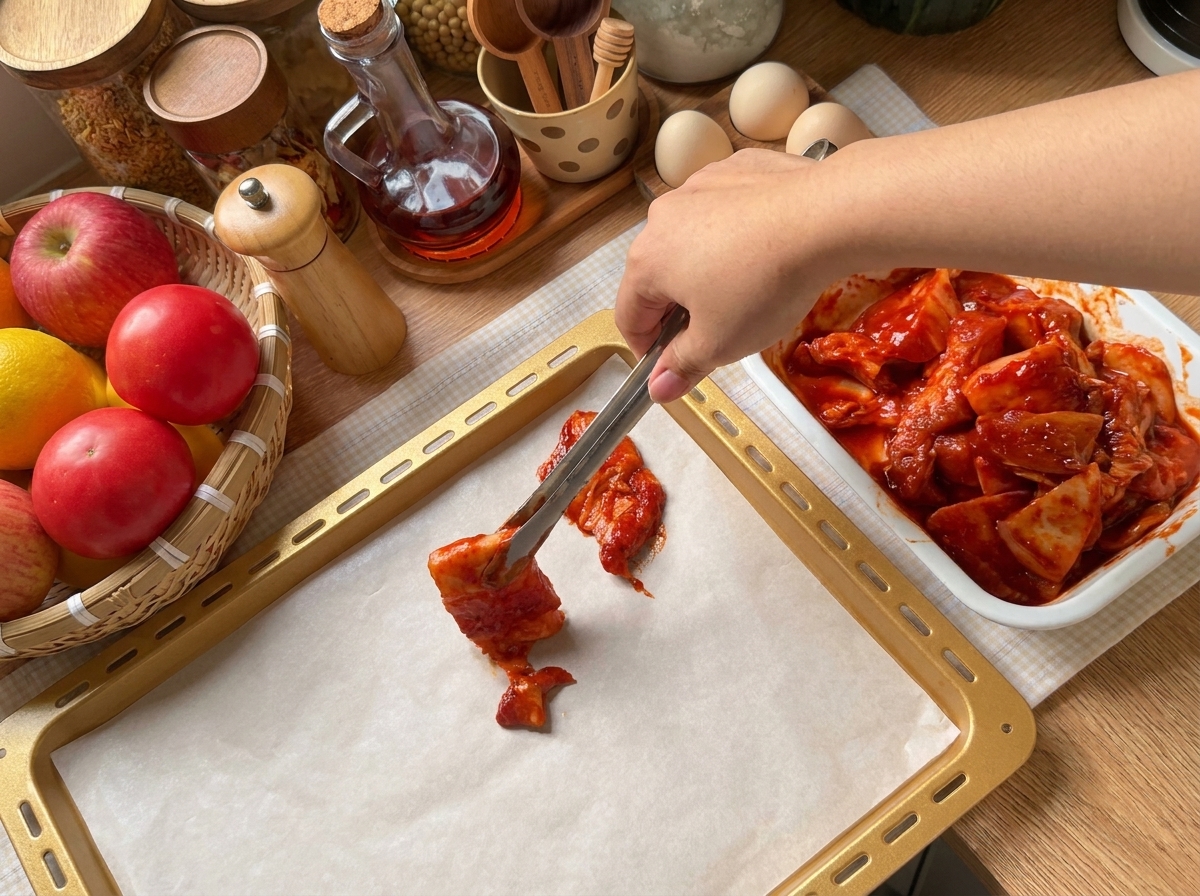Tongs placing seasoned pork belly strips onto a parchment paper lined baking sheet.