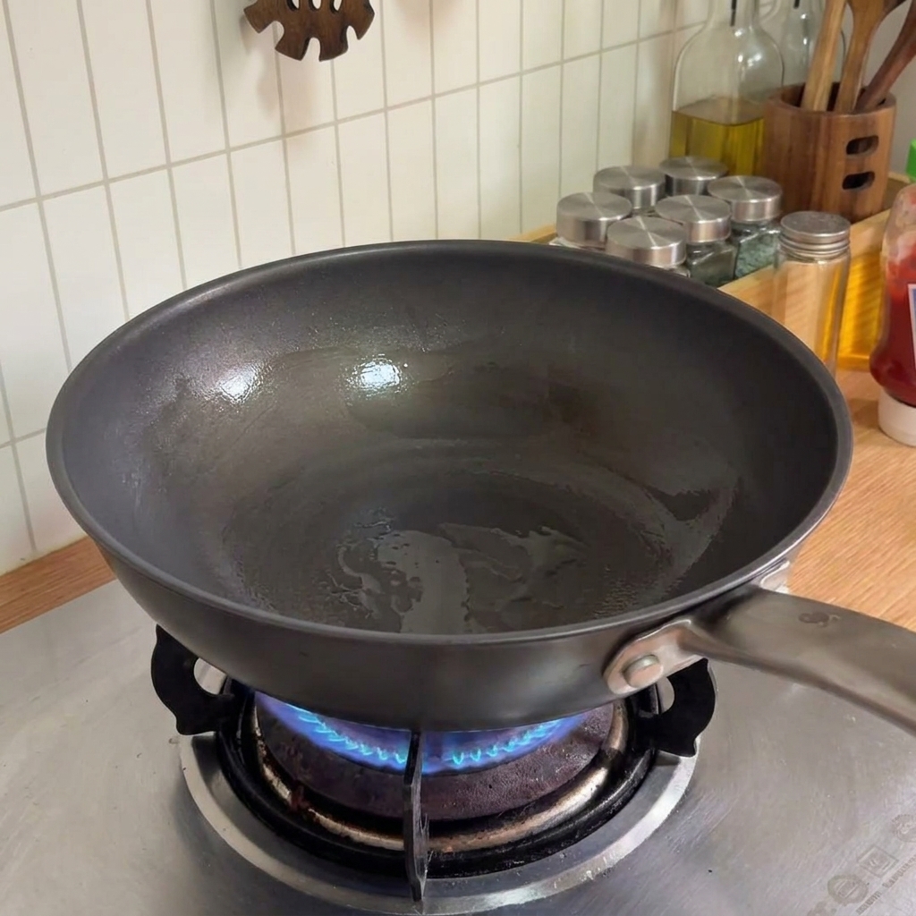 A pan heating on a gas stove with cooking oil inside, ready for sautéing vegetables.