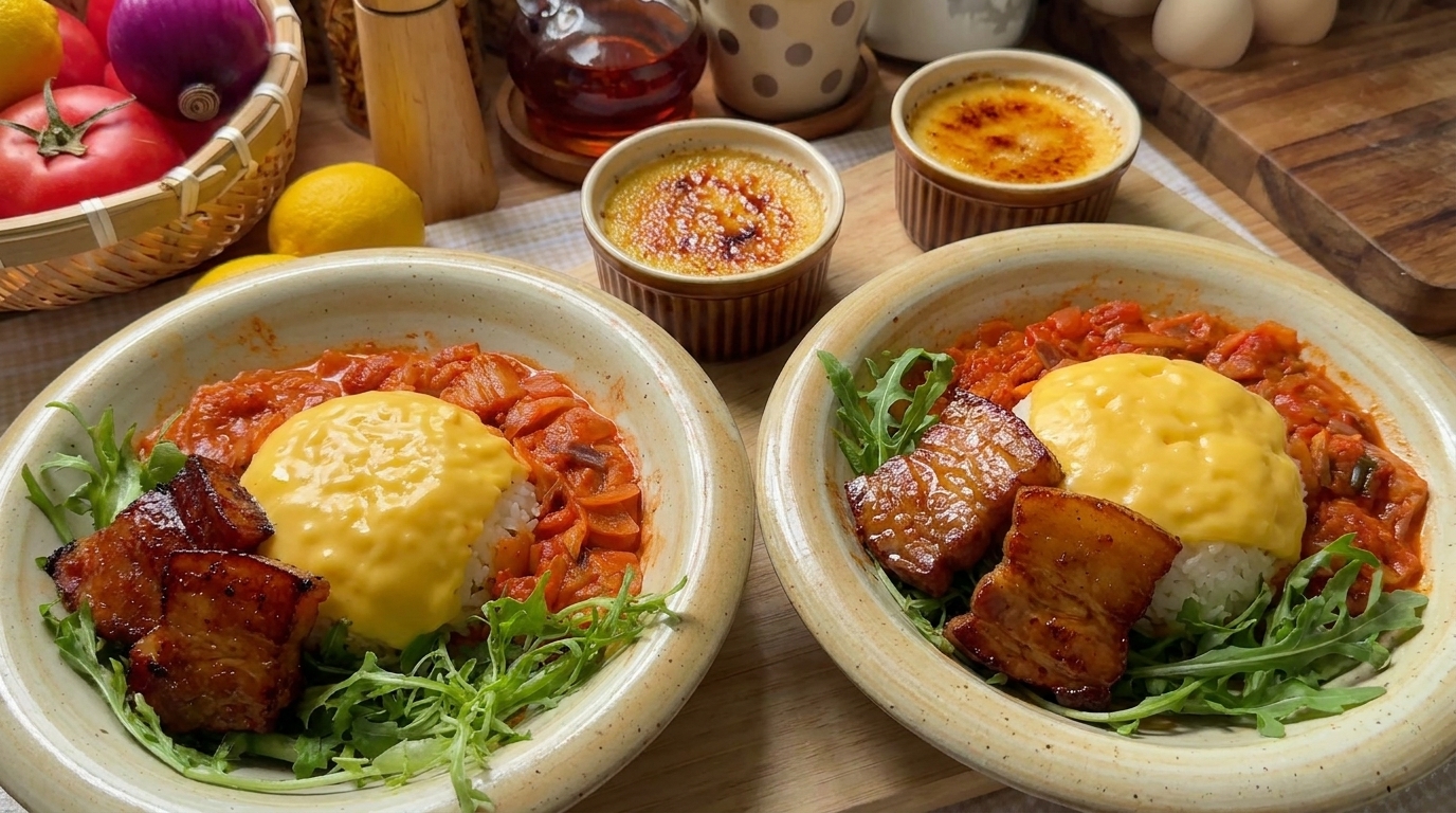 Korean Spicy Cream Pork Belly Rice Bowl with Caramel Crème Brûlée