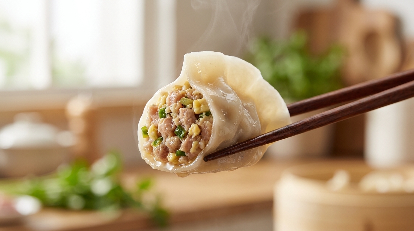 A freshly boiled grilled meat dumpling held with chopsticks, revealing a rich pork and egg filling