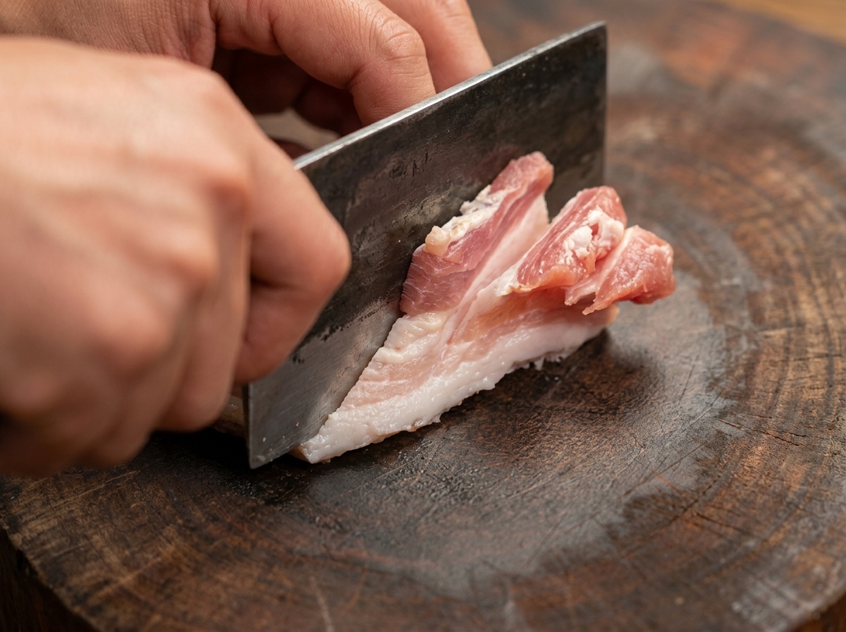 Pork belly being carefully scored with a Chinese cleaver on a wooden cutting board.