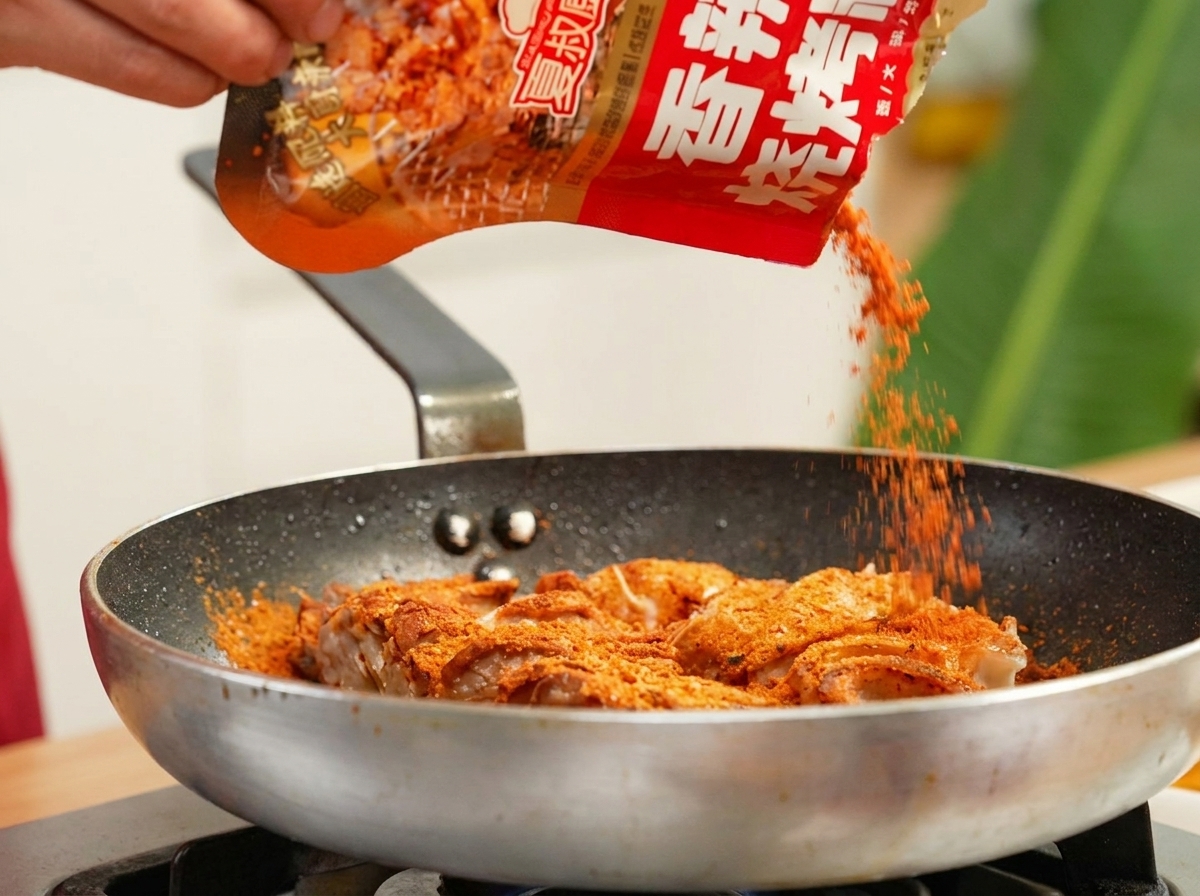 Barbecue seasoning and diced vegetables being added to the browned pork in the pan.