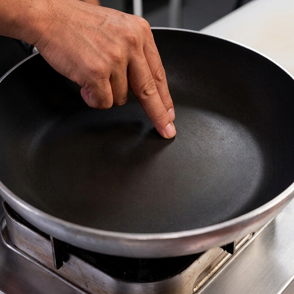 A hand pointing to an empty dry frying pan on a gas stove before adding the meat.