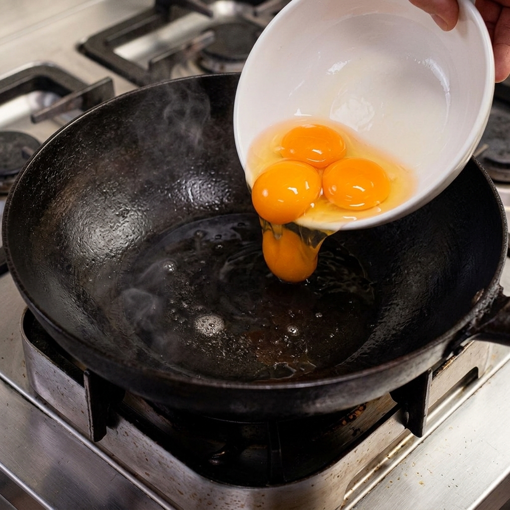 Raw egg yolks being poured from a white bowl into a hot wok containing melted lard.