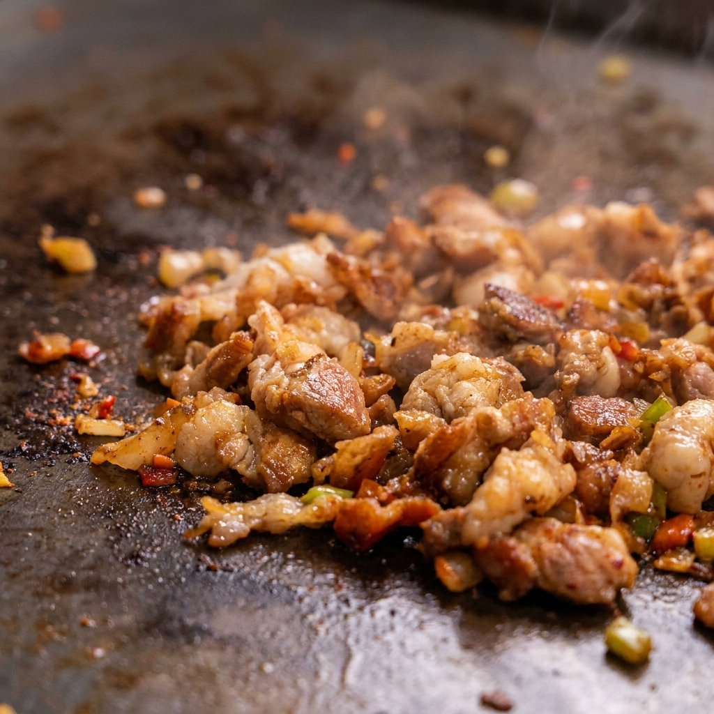 Cooked pork pieces and bits sizzling and cooking together in a pan during preparation.