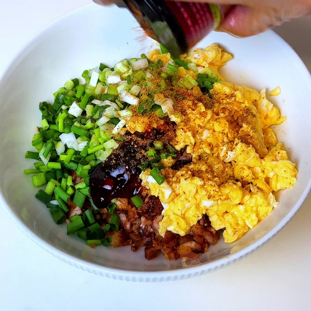 Oyster sauce, barbecue seasoning, and cumin powder being added into a large bowl of dumpling filling ingredients.