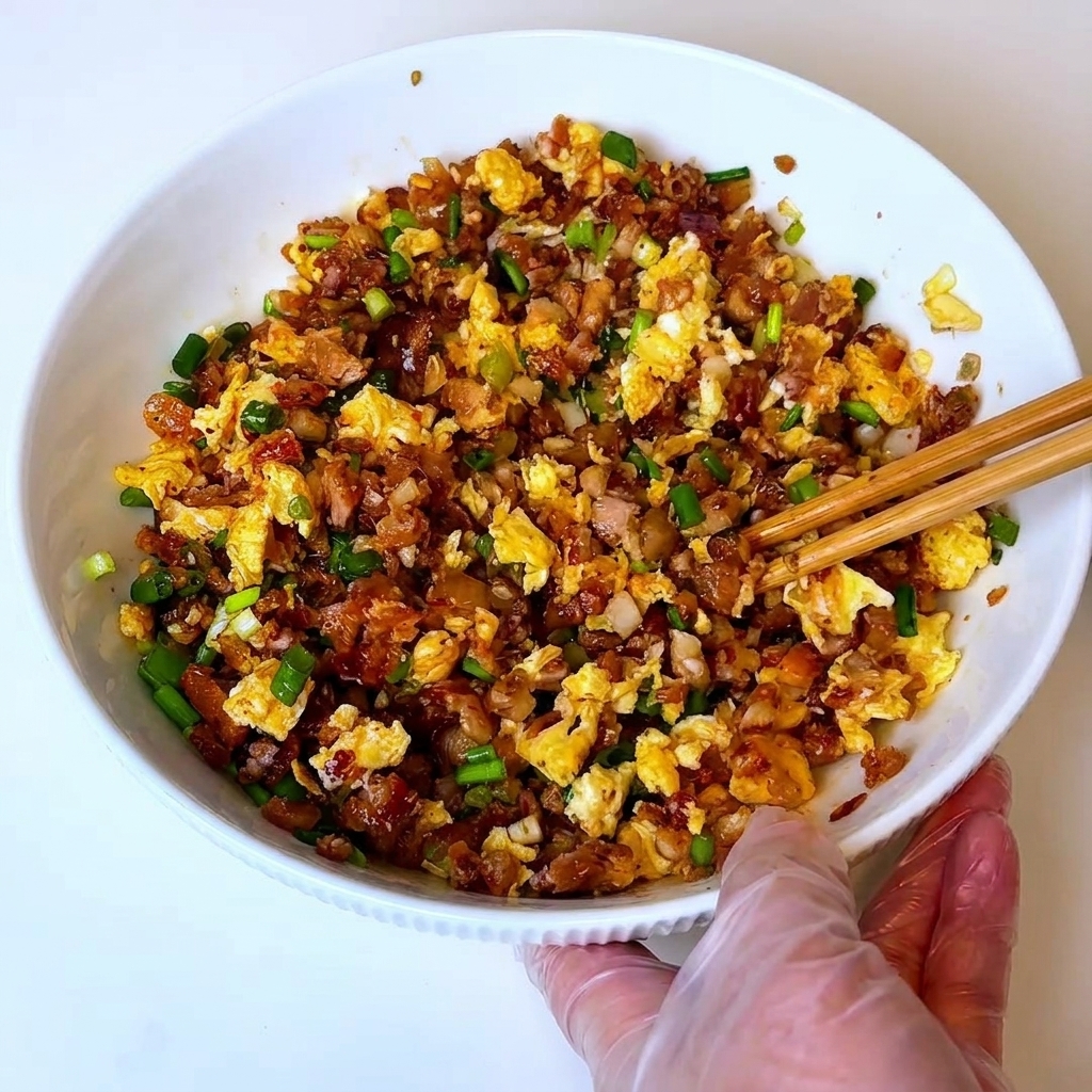A person using chopsticks to mix the dumpling filling ingredients together inside a white bowl.