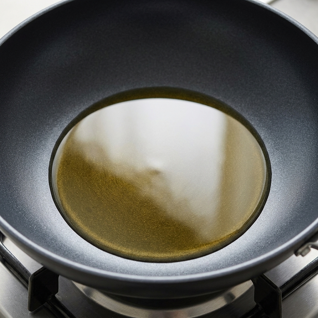 Golden cooking oil shimmering inside a dark skillet resting on a gas stove burner.