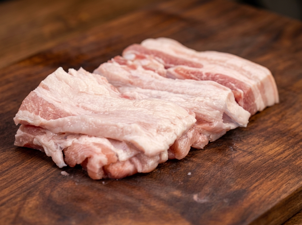 Slices of pork belly in a pan seasoned with BBQ powder and mixed with vegetables.