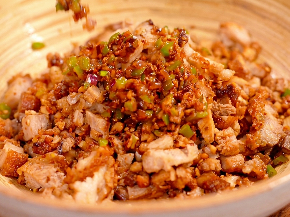 A bowl containing a mixture of grilled pork, chopped eggs, and fresh vegetables.