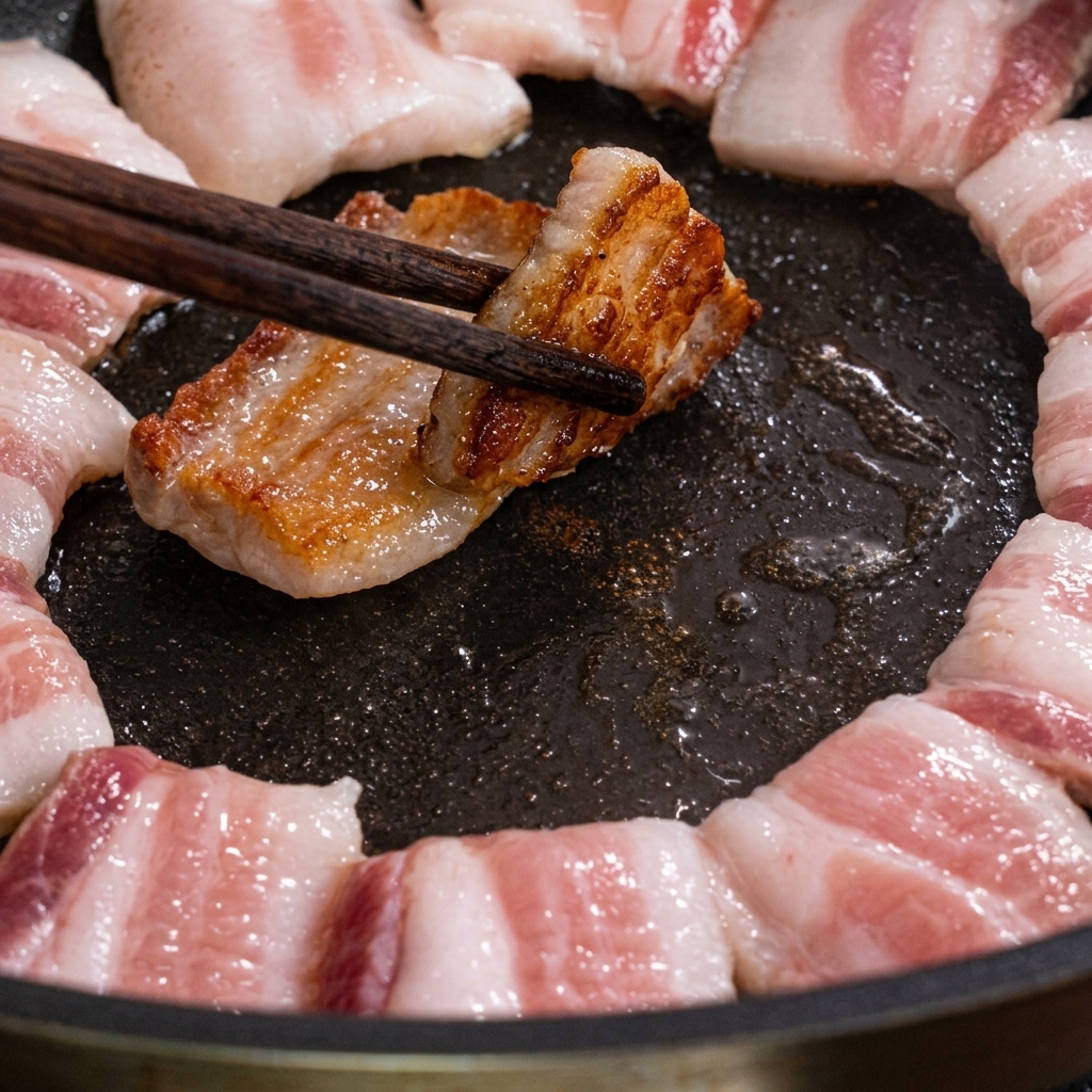 Pork belly slices browning in the pan, flipped with chopsticks.